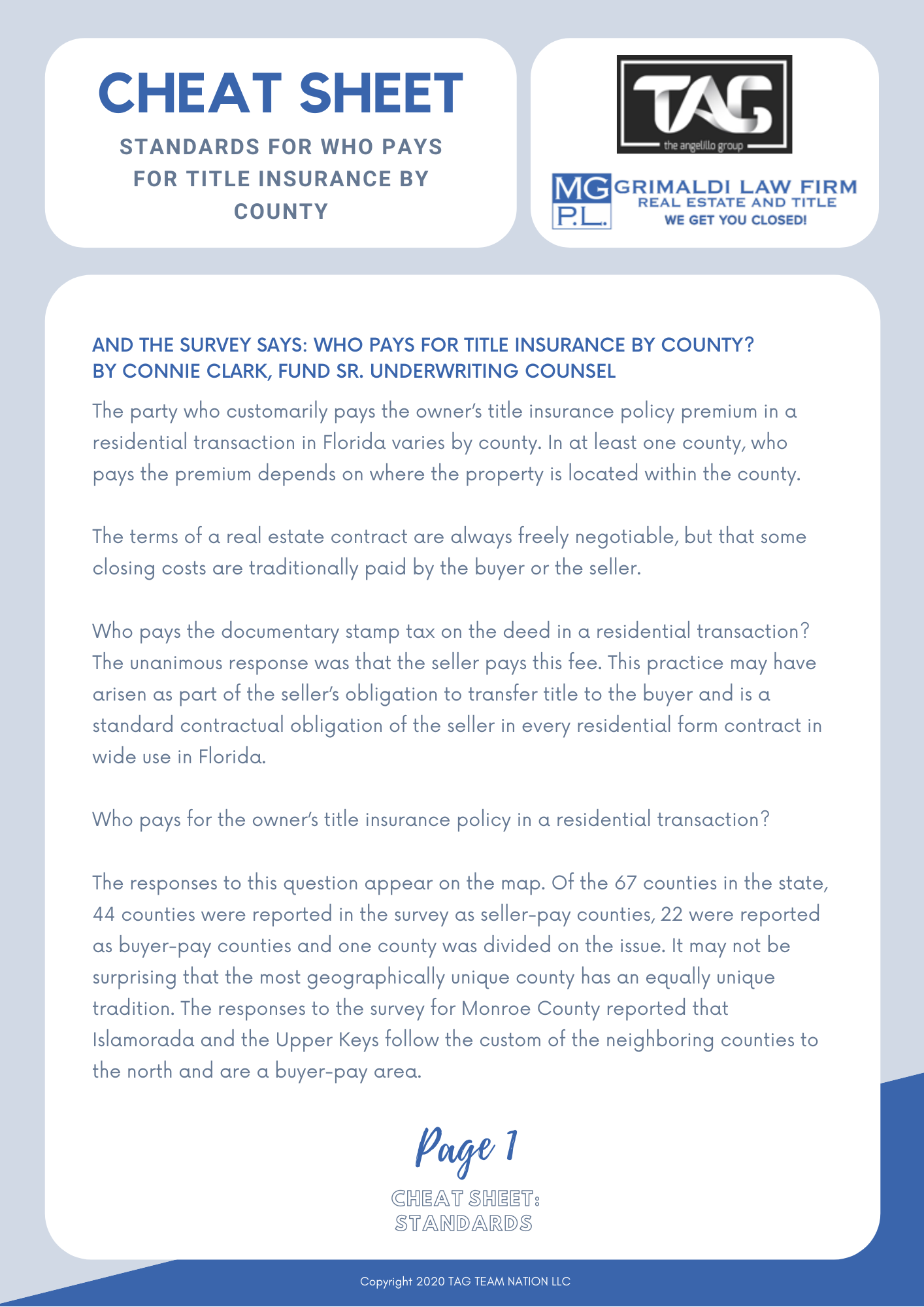 Cheat Sheet - STANDARDS FOR WHO PAYS FOR TITLE INSURANCE BY COUNTY-1