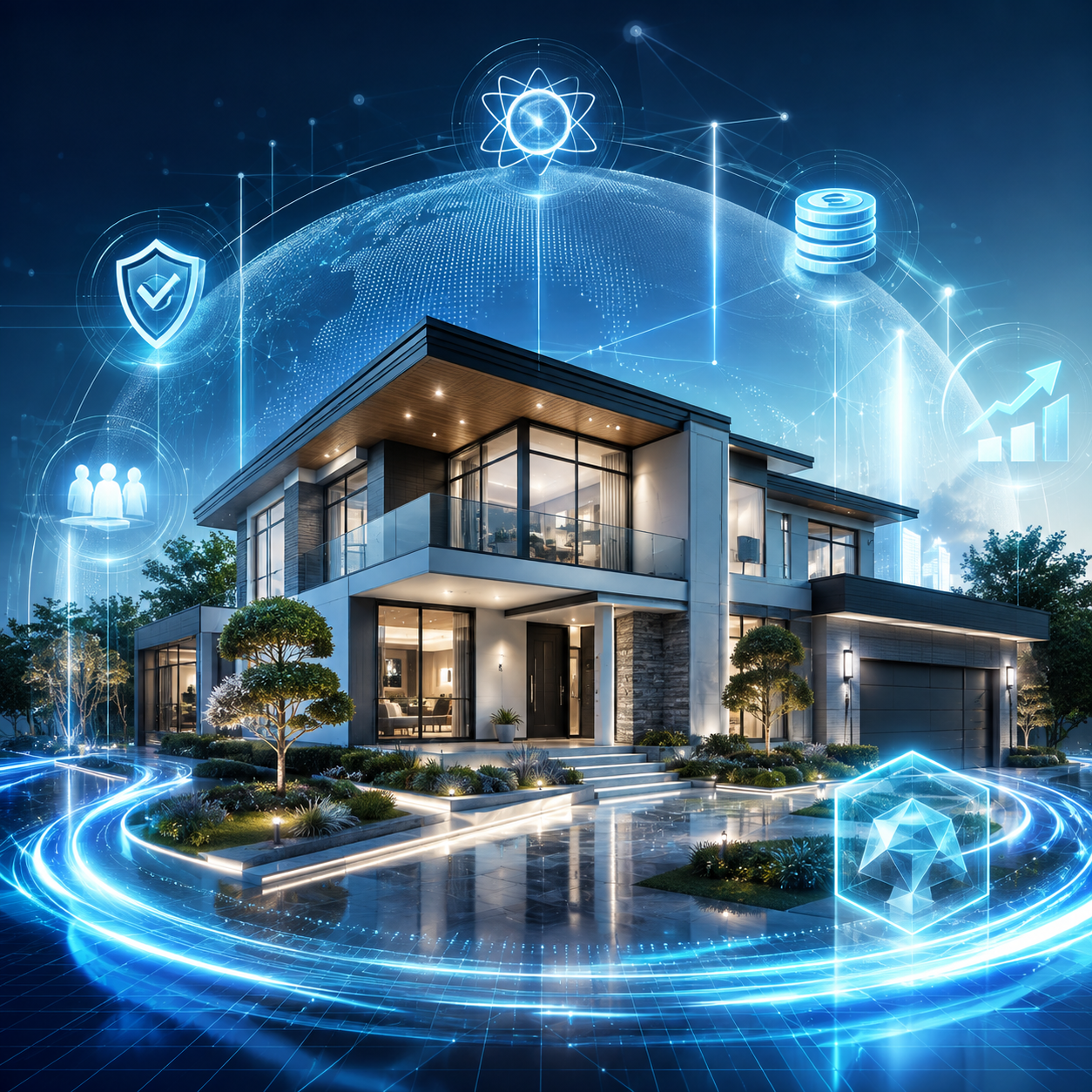 Futuristic smart home with holographic finance and security icons